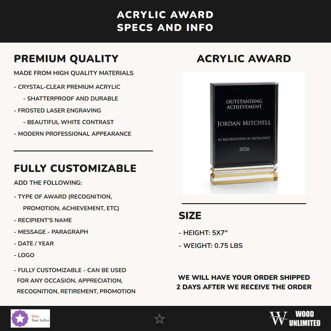 Specifications for the personalized Gold Ribbed Rectangle 5x7 acrylic award — materials, engraving, and features
