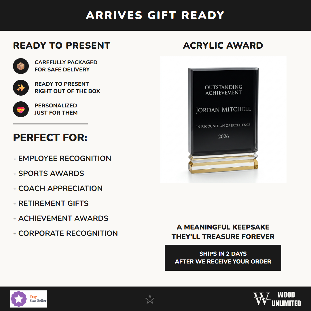 Gift-ready personalized Gold Ribbed Rectangle 5x7 acrylic award, perfect for ceremonies, retirements, and corporate recognition