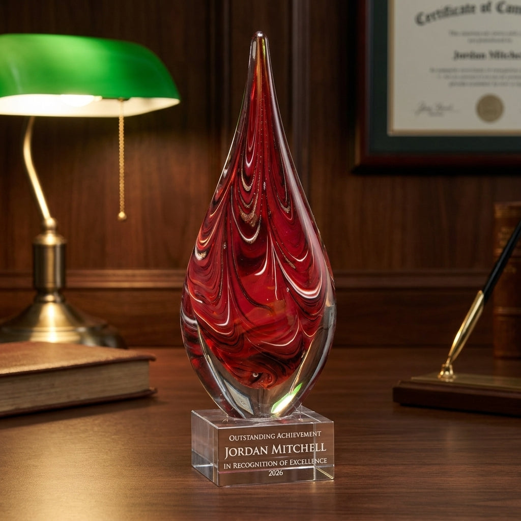 Personalized Red Swirl Teardrop art glass award on a warm executive desk with a green banker's lamp, engraved corporate recognition and retirement gift