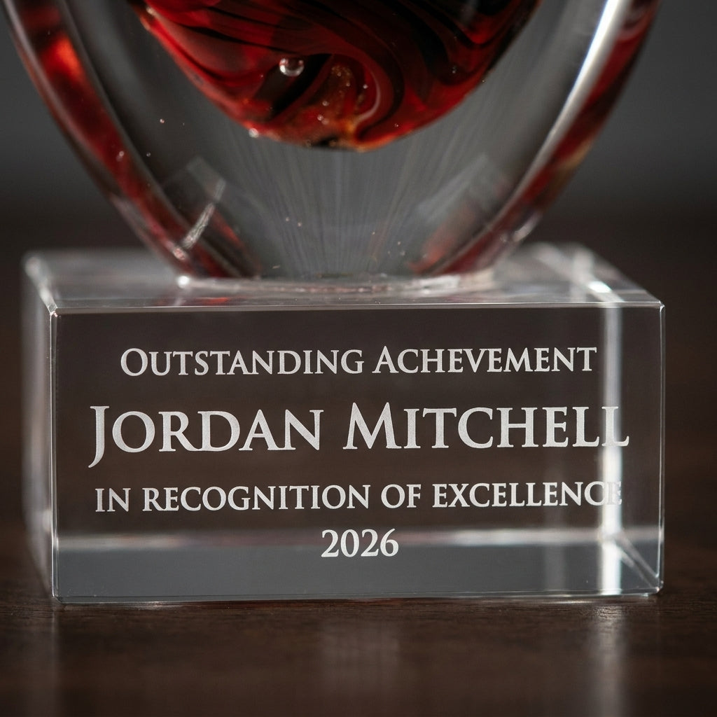 Close-up of the custom laser engraving on a personalized Red Swirl Teardrop art glass award, showing crisp permanent personalization