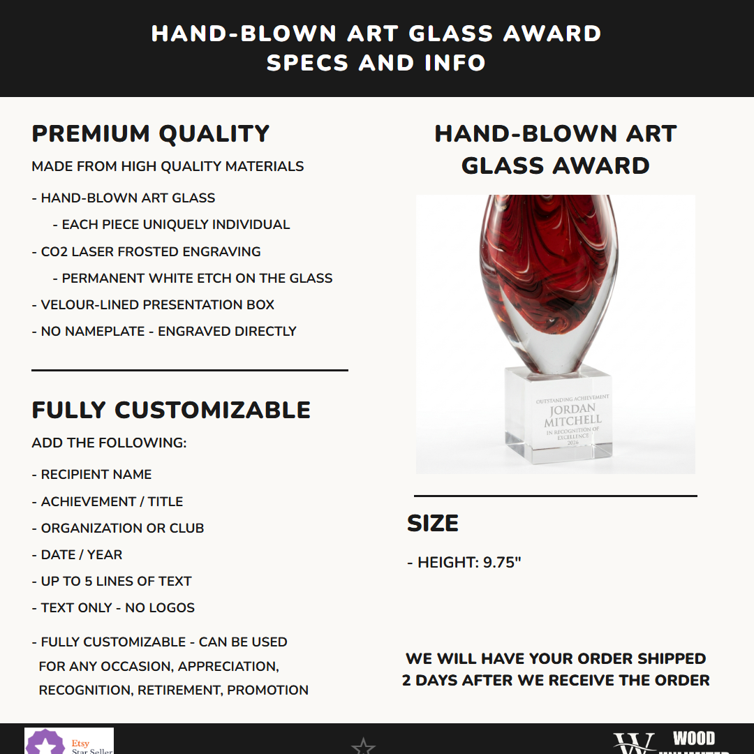 Specifications for the personalized Red Swirl Teardrop art glass award — materials, engraving, and features