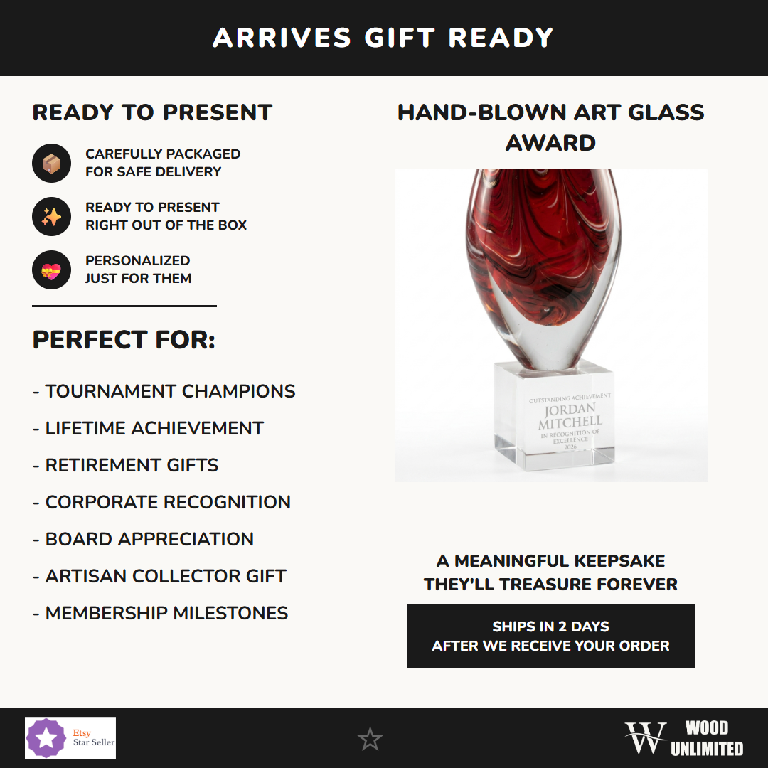 Gift-ready personalized Red Swirl Teardrop art glass award, perfect for ceremonies, retirements, and corporate recognition