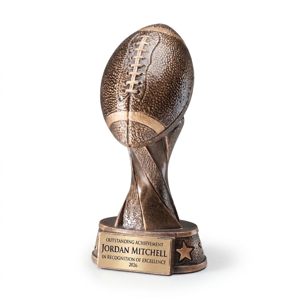Personalized Resin Football Player Trophy resin award, custom laser engraved recognition award on a clean white studio background