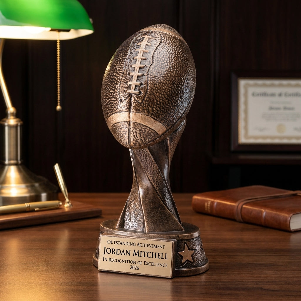 Personalized Resin Football Player Trophy resin award on a warm executive desk with a green banker's lamp, engraved corporate recognition and retirement gift