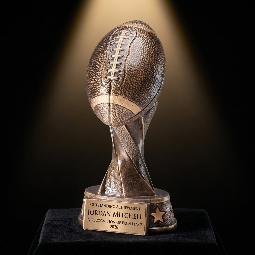Personalized Resin Football Player Trophy resin award on black velvet under awards-ceremony spotlight, engraved champion and lifetime achievement award