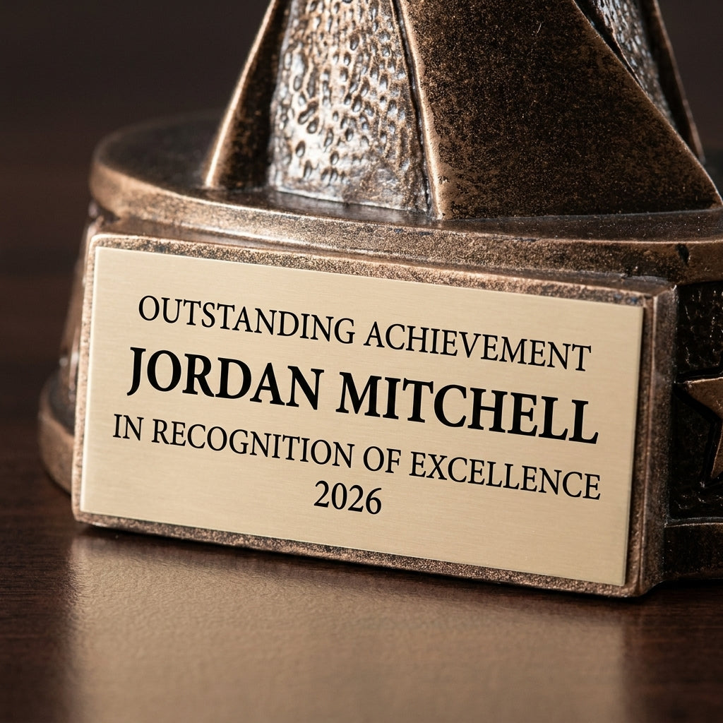 Close-up of the custom laser engraving on a personalized Resin Football Player Trophy resin award, showing crisp permanent personalization
