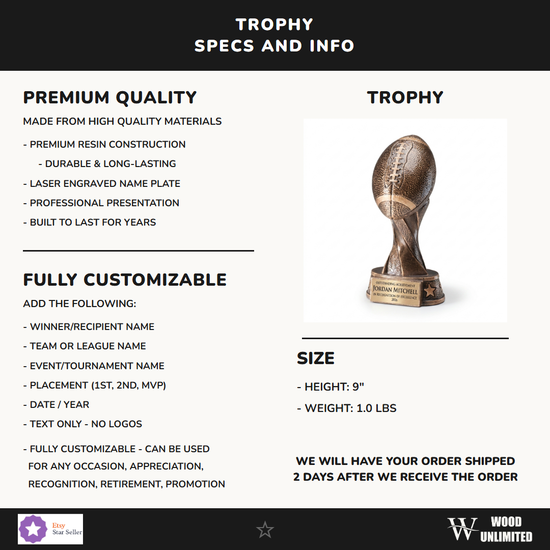 Specifications for the personalized Resin Football Player Trophy resin award — materials, engraving, and features