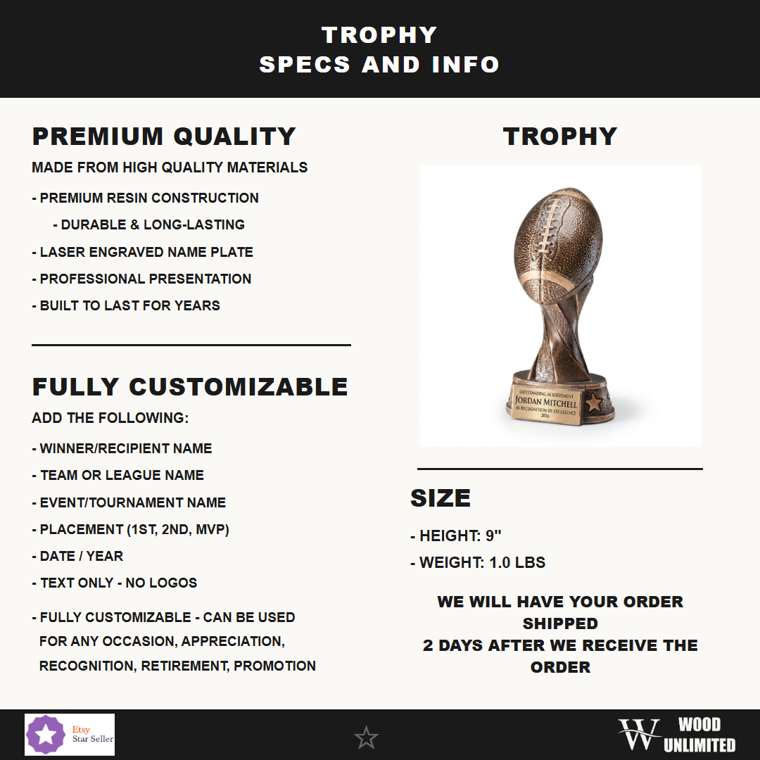 Specifications for the personalized Resin Football Player Trophy resin award — materials, engraving, and features