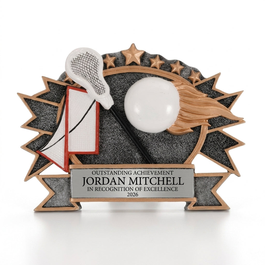 Personalized Resin Lacrosse Plate Large resin award, custom laser engraved recognition award on a clean white studio background