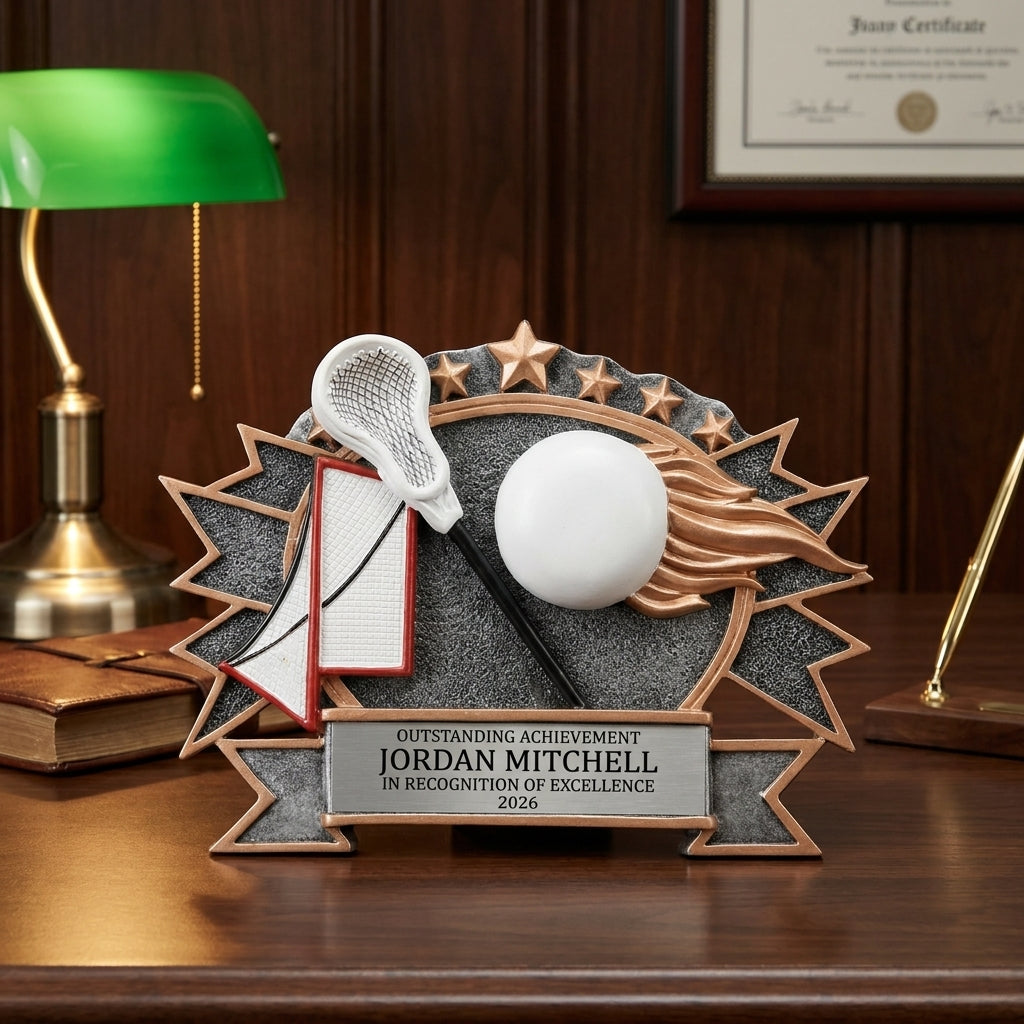 Personalized Resin Lacrosse Plate Large resin award on a warm executive desk with a green banker's lamp, engraved corporate recognition and retirement gift