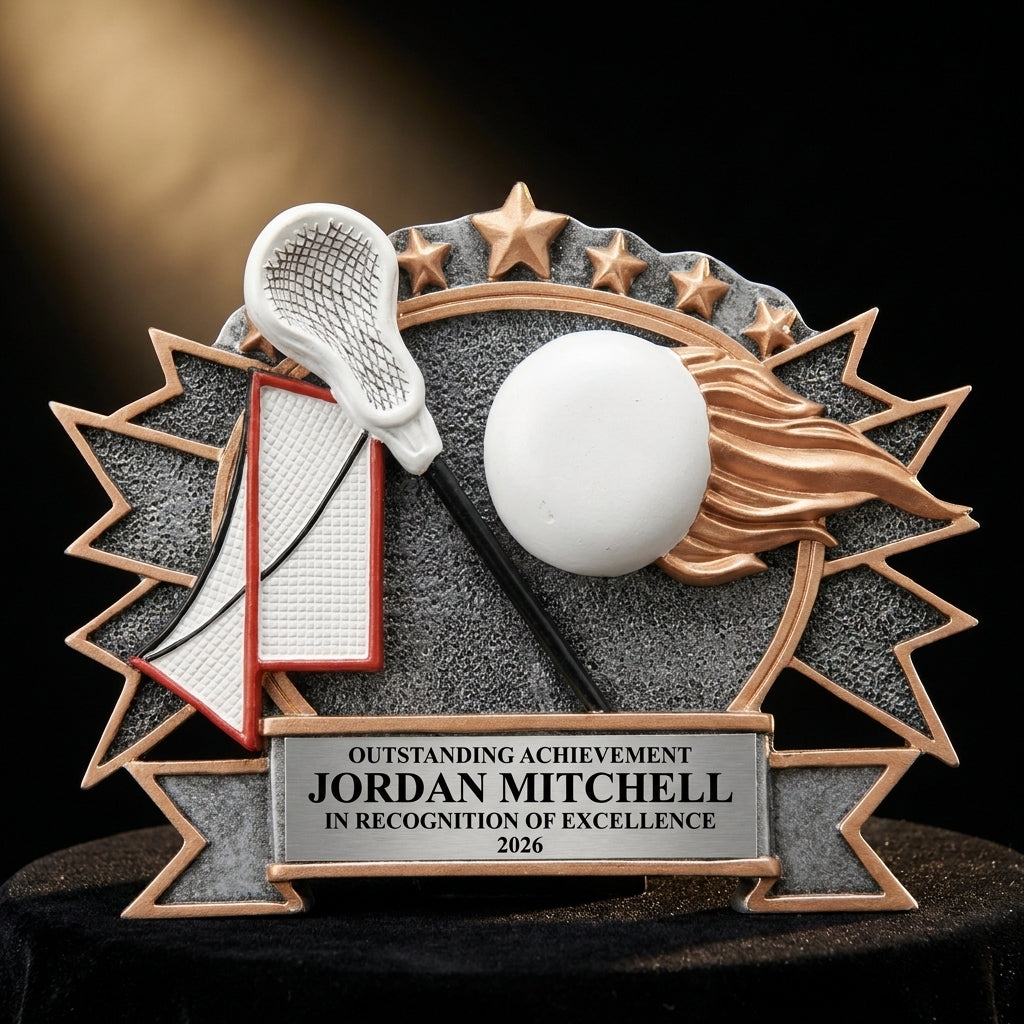 Personalized Resin Lacrosse Plate Large resin award on black velvet under awards-ceremony spotlight, engraved champion and lifetime achievement award