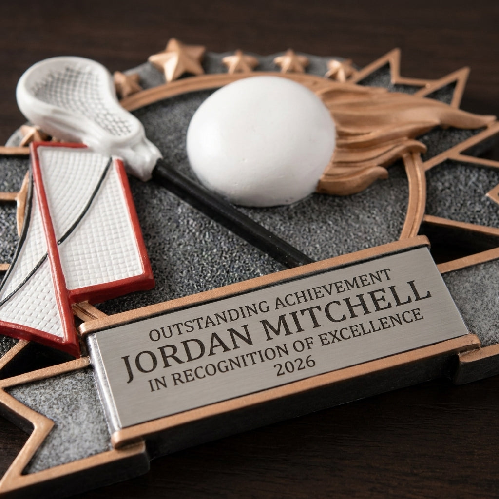 Close-up of the custom laser engraving on a personalized Resin Lacrosse Plate Large resin award, showing crisp permanent personalization