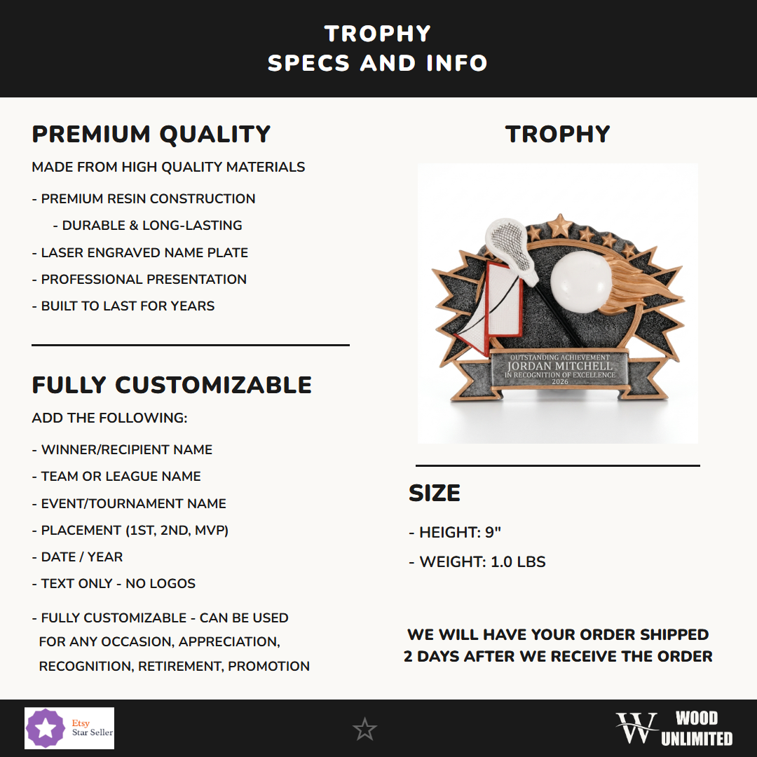 Specifications for the personalized Resin Lacrosse Plate Large resin award — materials, engraving, and features