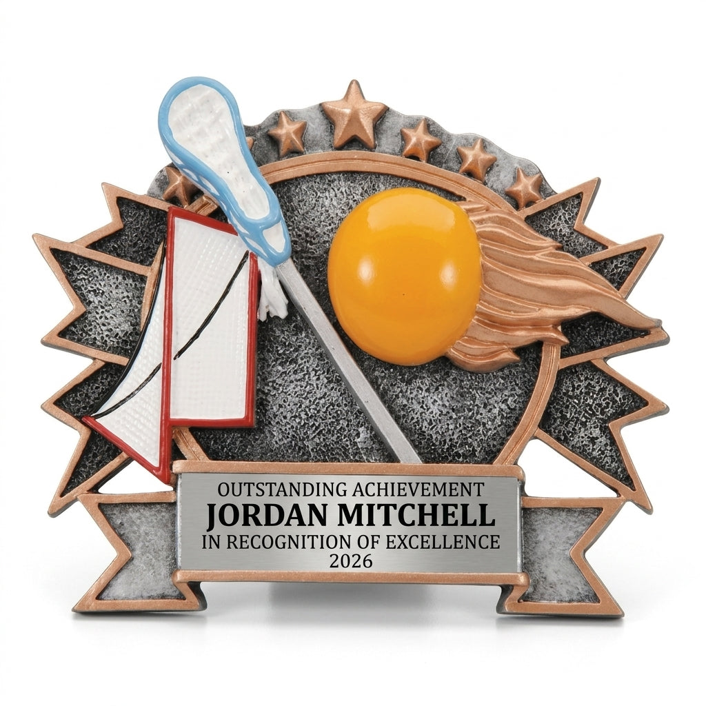 Personalized Resin Lacrosse Plate resin award, custom laser engraved recognition award on a clean white studio background
