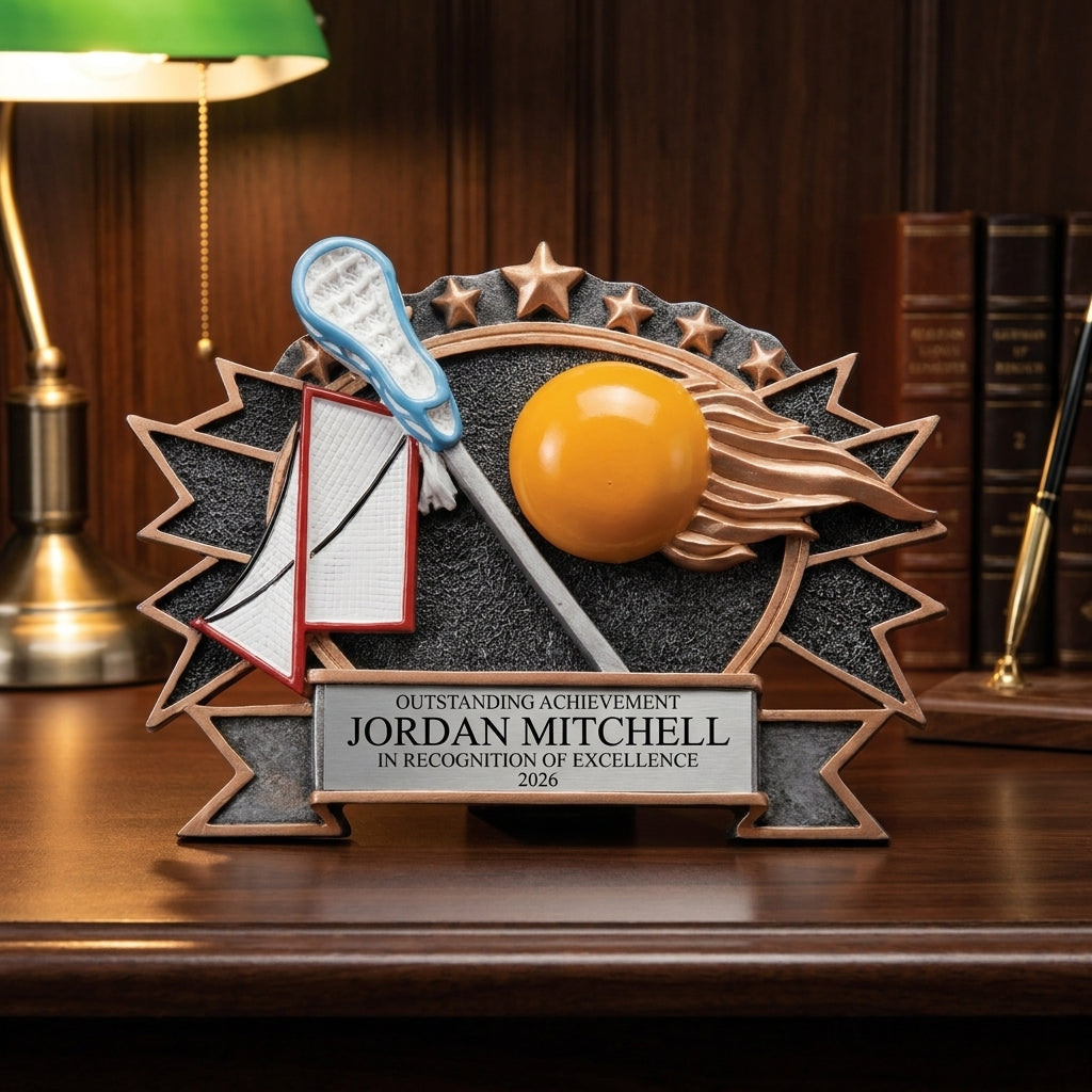 Personalized Resin Lacrosse Plate resin award on a warm executive desk with a green banker's lamp, engraved corporate recognition and retirement gift