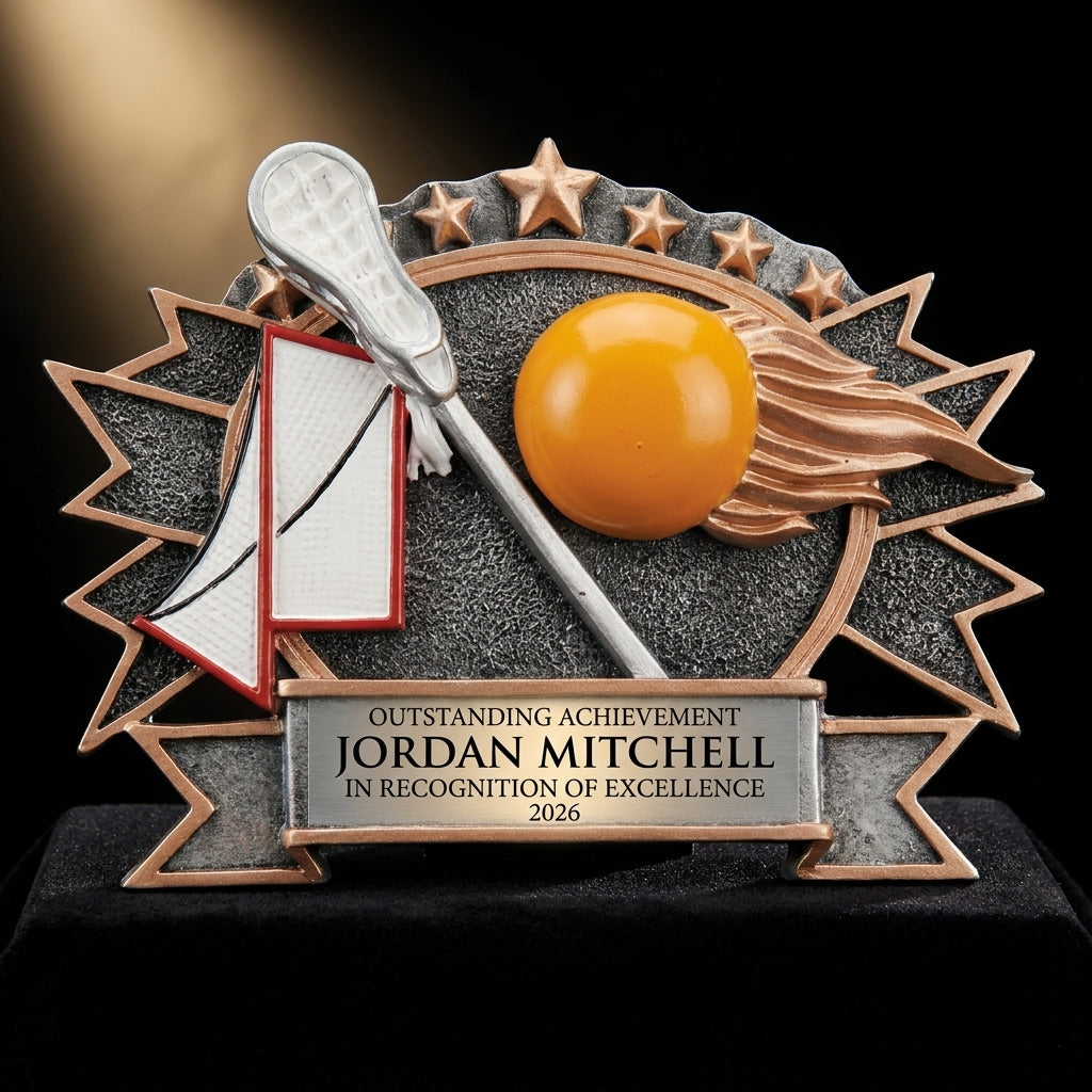 Personalized Resin Lacrosse Plate resin award on black velvet under awards-ceremony spotlight, engraved champion and lifetime achievement award