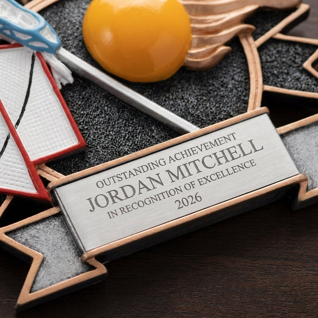 Close-up of the custom laser engraving on a personalized Resin Lacrosse Plate resin award, showing crisp permanent personalization