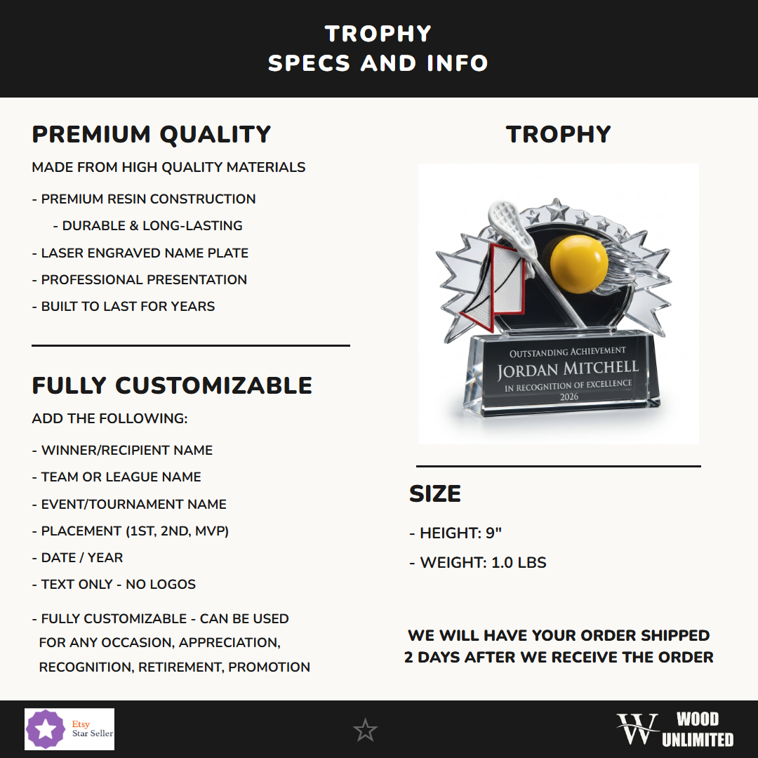 Specifications for the personalized Resin Lacrosse Plate resin award — materials, engraving, and features