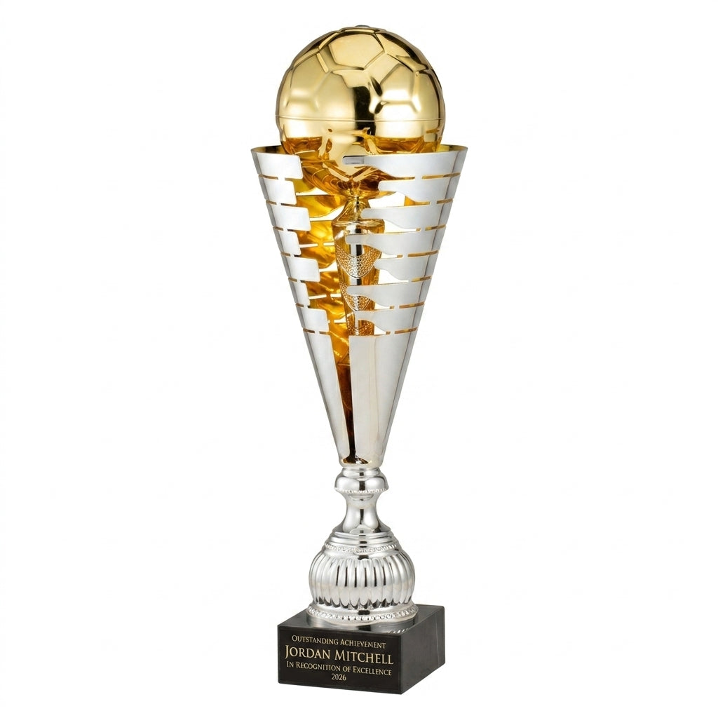 Personalized Silver/Gold Italian Soccer Cup cup trophy, custom laser engraved recognition award on a clean white studio background