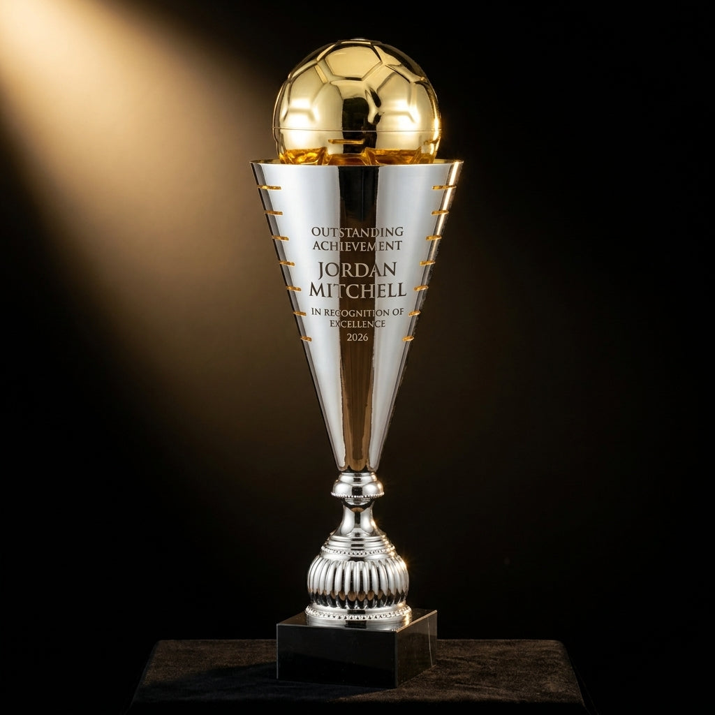 Personalized Silver/Gold Italian Soccer Cup cup trophy on black velvet under awards-ceremony spotlight, engraved champion and lifetime achievement award