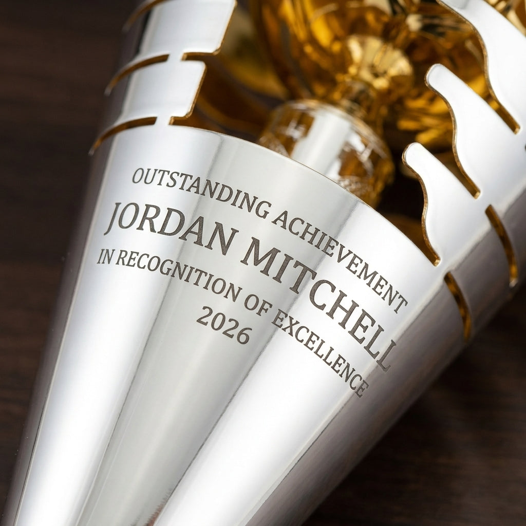 Close-up of the custom laser engraving on a personalized Silver/Gold Italian Soccer Cup cup trophy, showing crisp permanent personalization