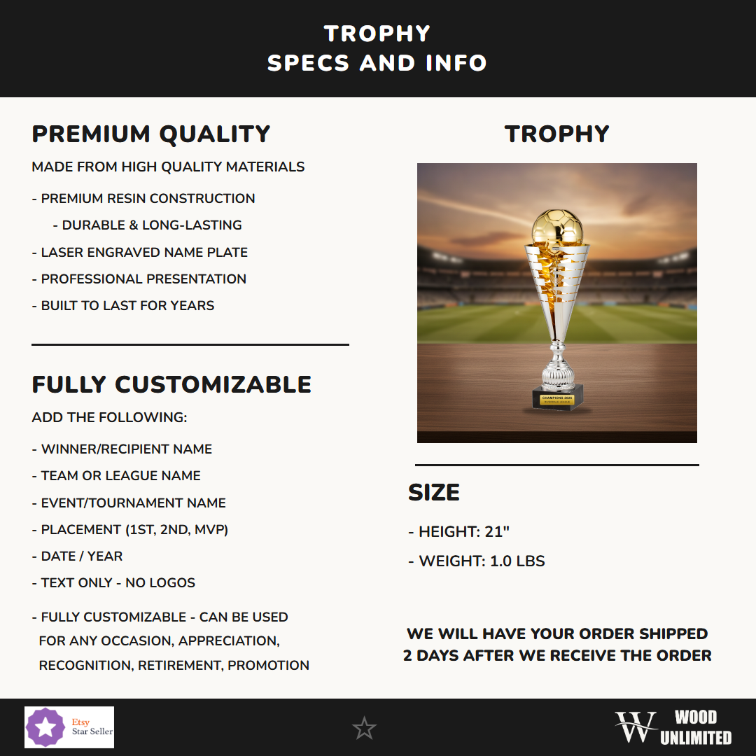 Specifications for the personalized Silver/Gold Italian Soccer Cup cup trophy — materials, engraving, and features
