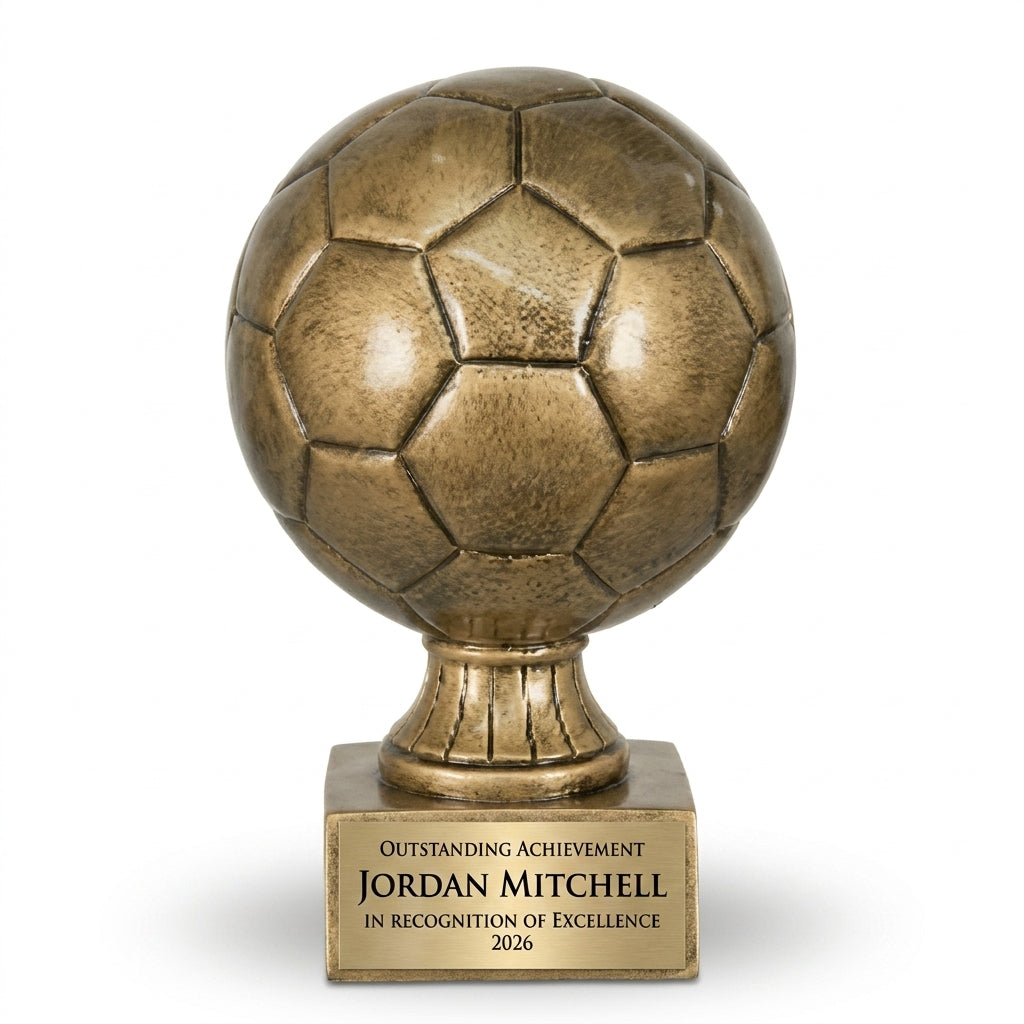 Personalized Soccer Antique Metallic Resin Award resin award, custom laser engraved recognition award on a clean white studio background