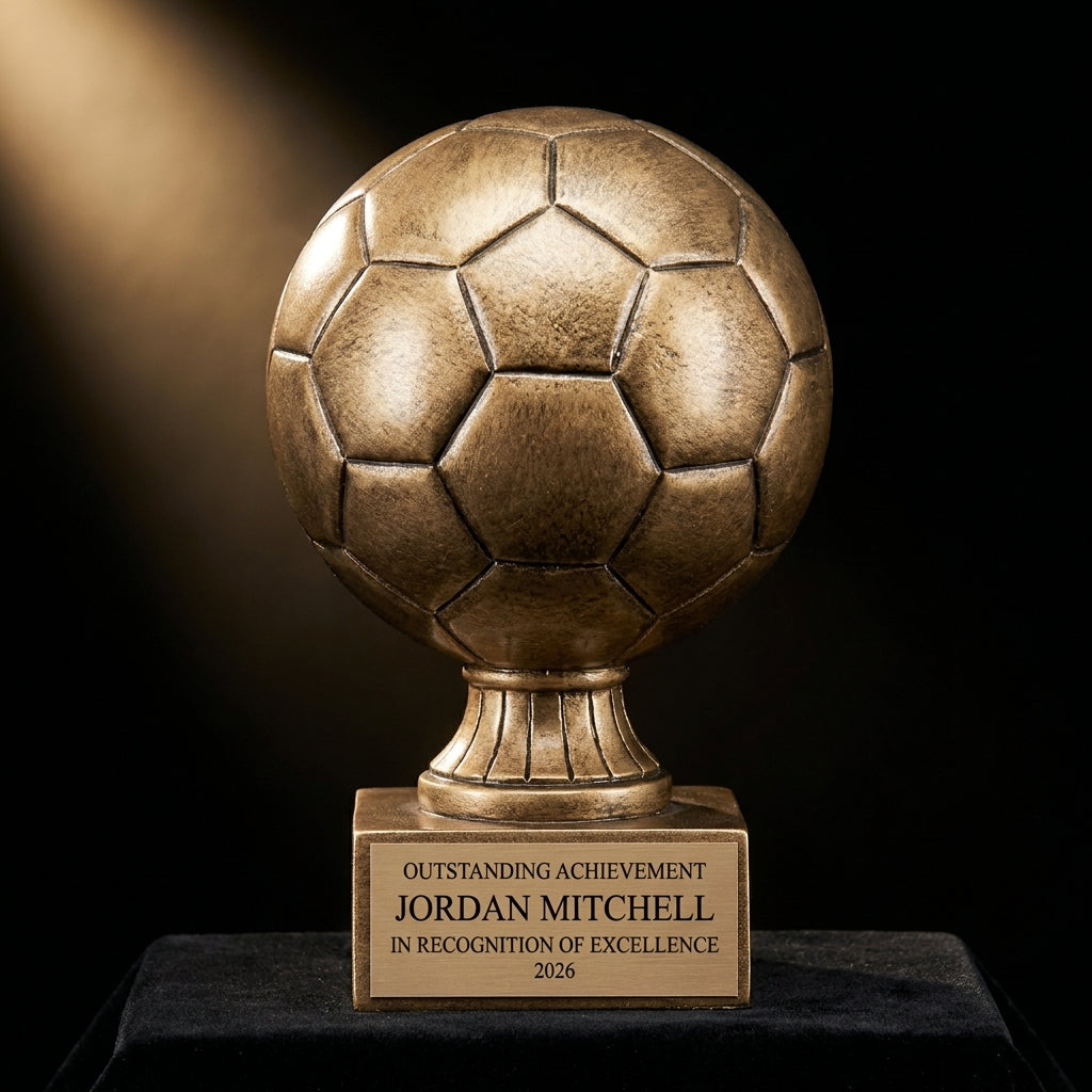 Personalized Soccer Antique Metallic Resin Award resin award on black velvet under awards-ceremony spotlight, engraved champion and lifetime achievement award