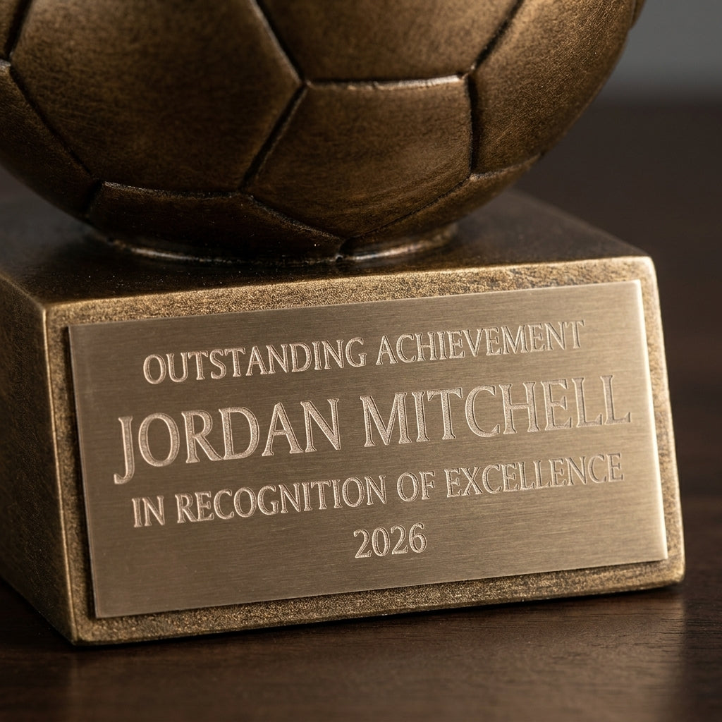 Close-up of the custom laser engraving on a personalized Soccer Antique Metallic Resin Award resin award, showing crisp permanent personalization