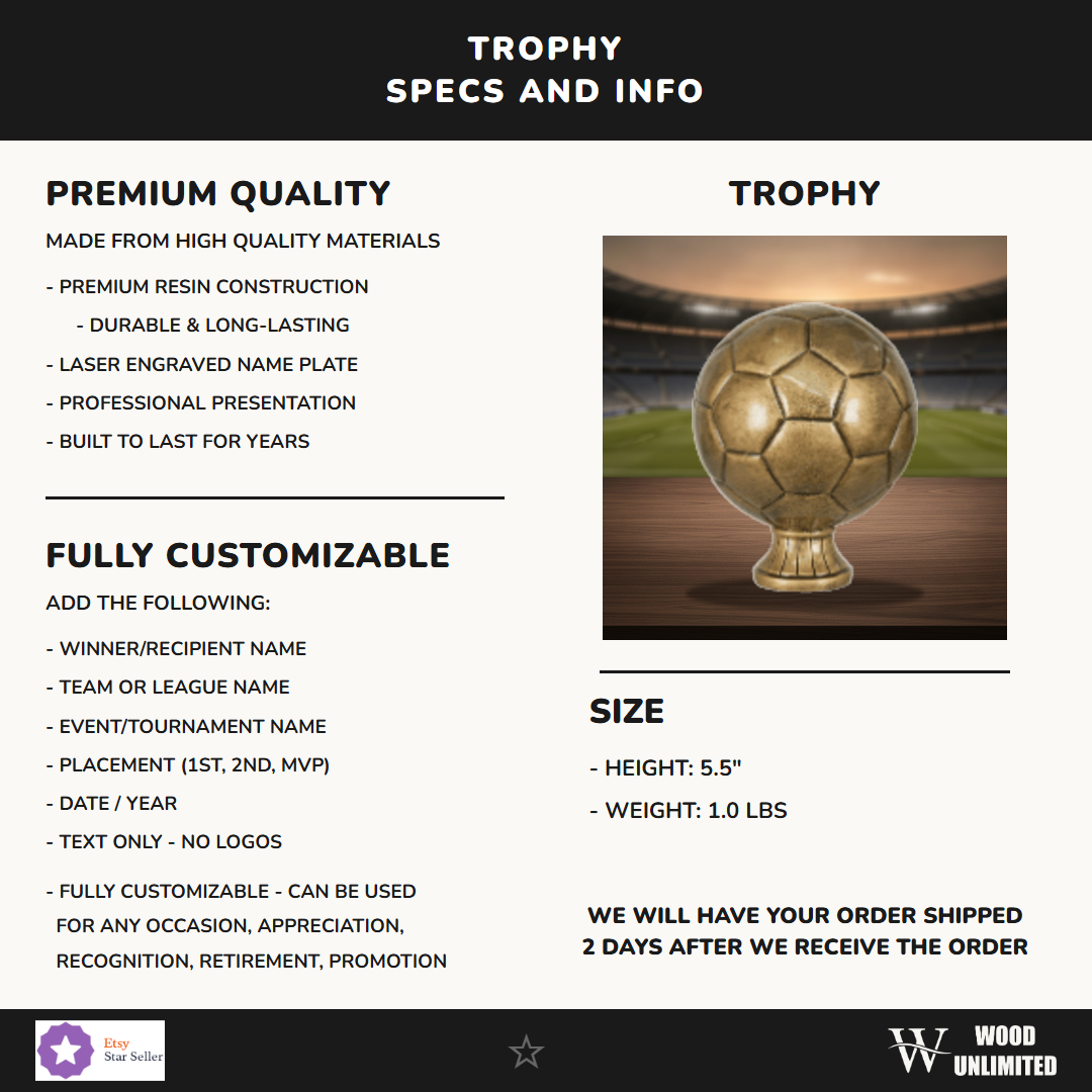 Specifications for the personalized Soccer Antique Metallic Resin Award resin award — materials, engraving, and features
