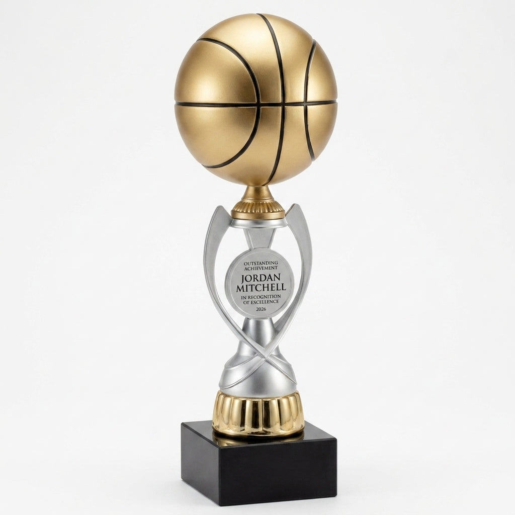 Personalized Soccer Assembled Cup resin award, custom laser engraved recognition award on a clean white studio background