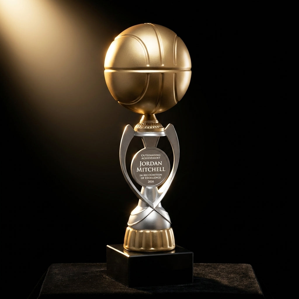 Personalized Soccer Assembled Cup resin award on black velvet under awards-ceremony spotlight, engraved champion and lifetime achievement award