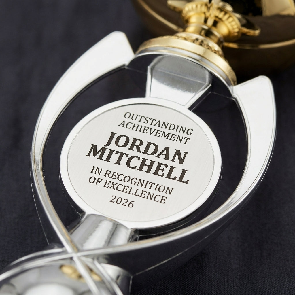 Close-up of the custom laser engraving on a personalized Soccer Assembled Cup resin award, showing crisp permanent personalization