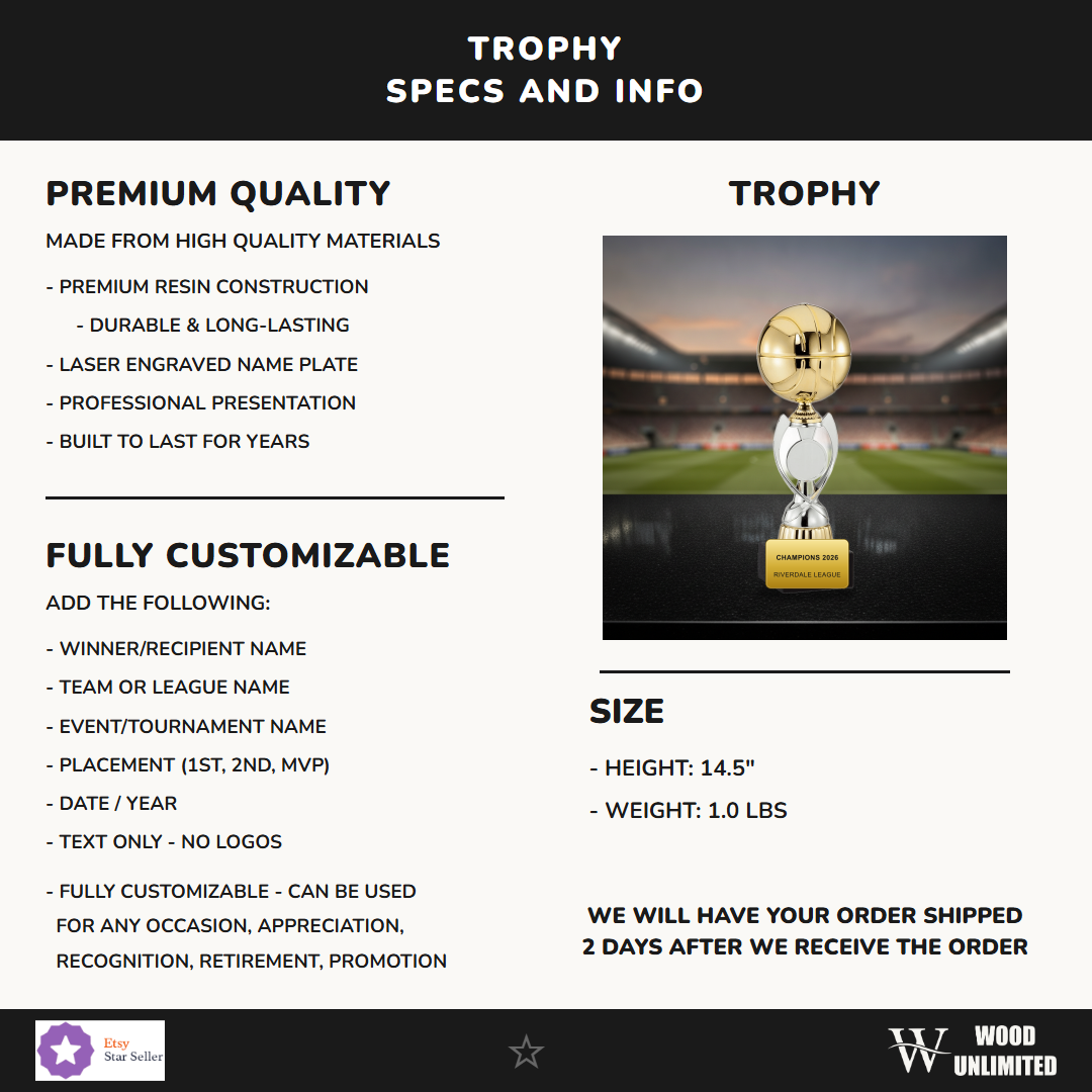 Specifications for the personalized Soccer Assembled Cup resin award — materials, engraving, and features