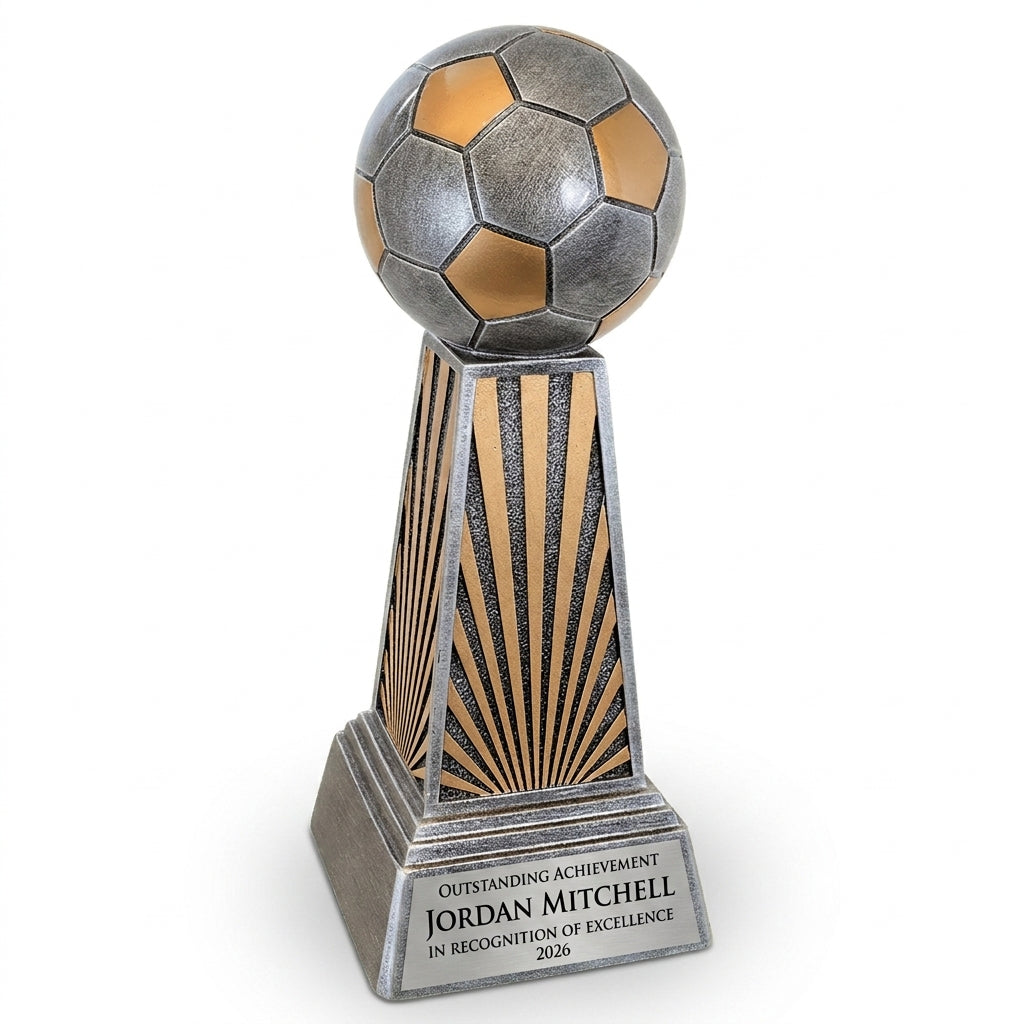 Personalized Soccer Imperial Resin Award resin award, custom laser engraved recognition award on a clean white studio background