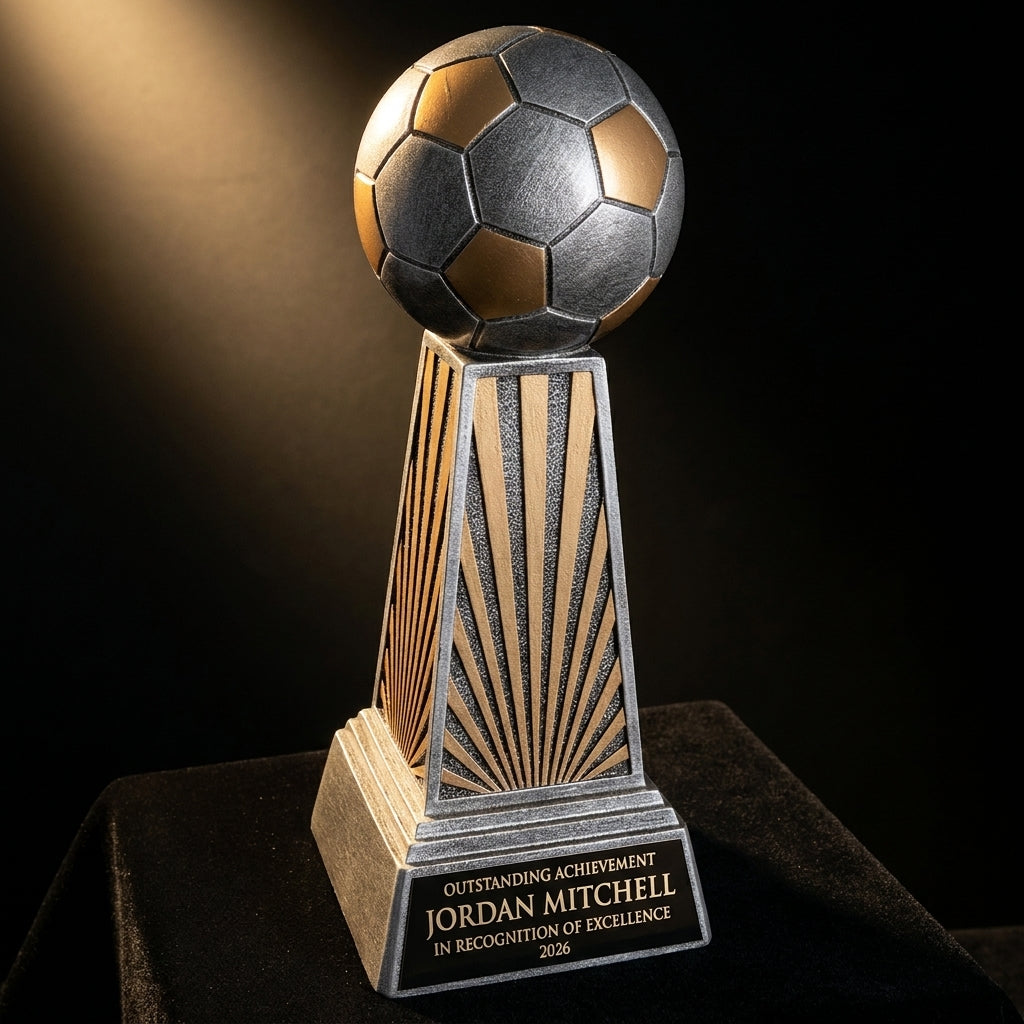 Personalized Soccer Imperial Resin Award resin award on black velvet under awards-ceremony spotlight, engraved champion and lifetime achievement award