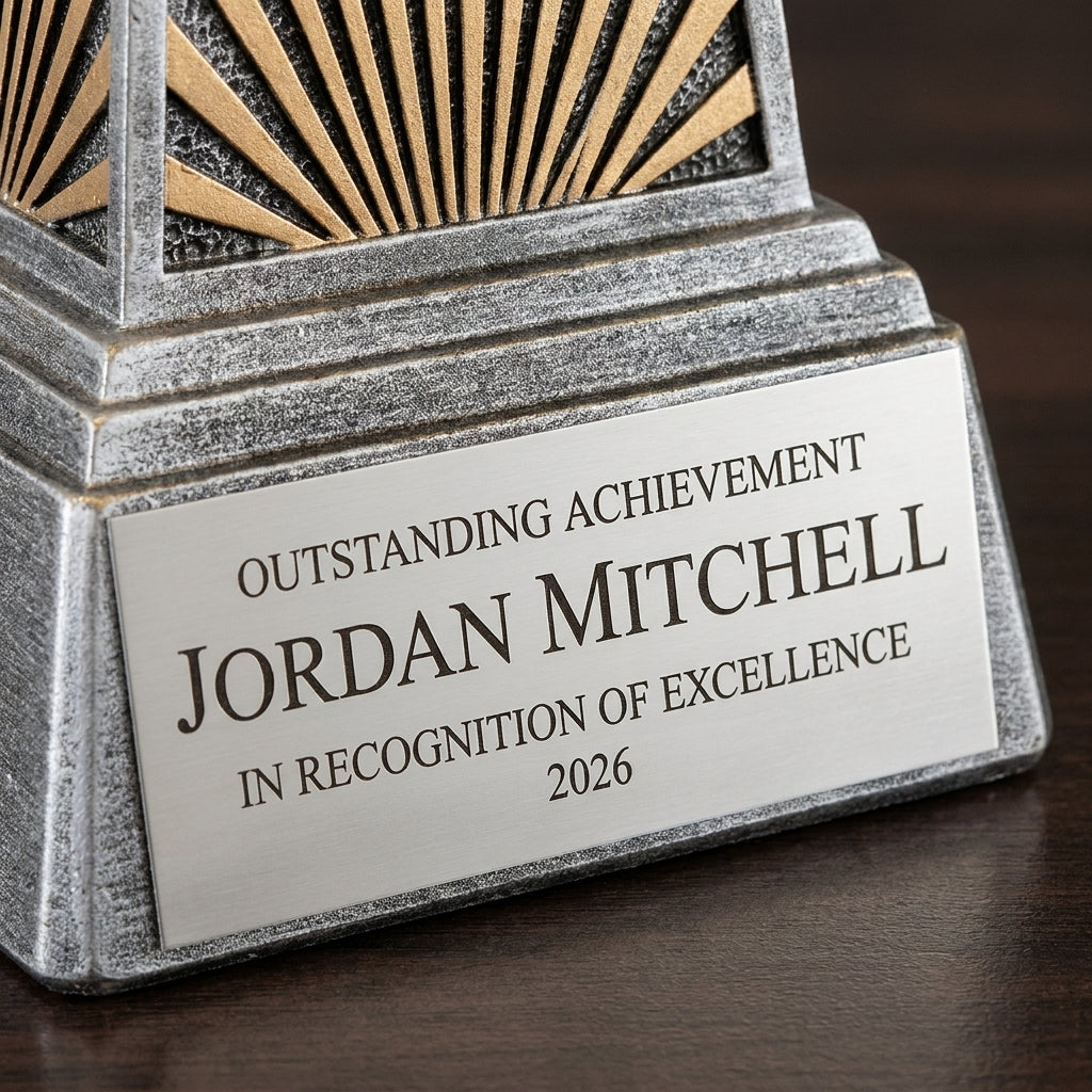 Close-up of the custom laser engraving on a personalized Soccer Imperial Resin Award resin award, showing crisp permanent personalization