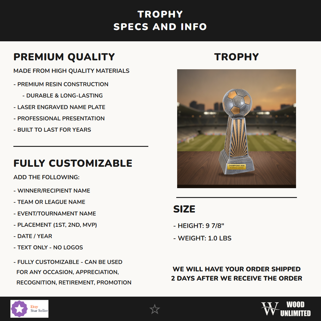 Specifications for the personalized Soccer Imperial Resin Award resin award — materials, engraving, and features