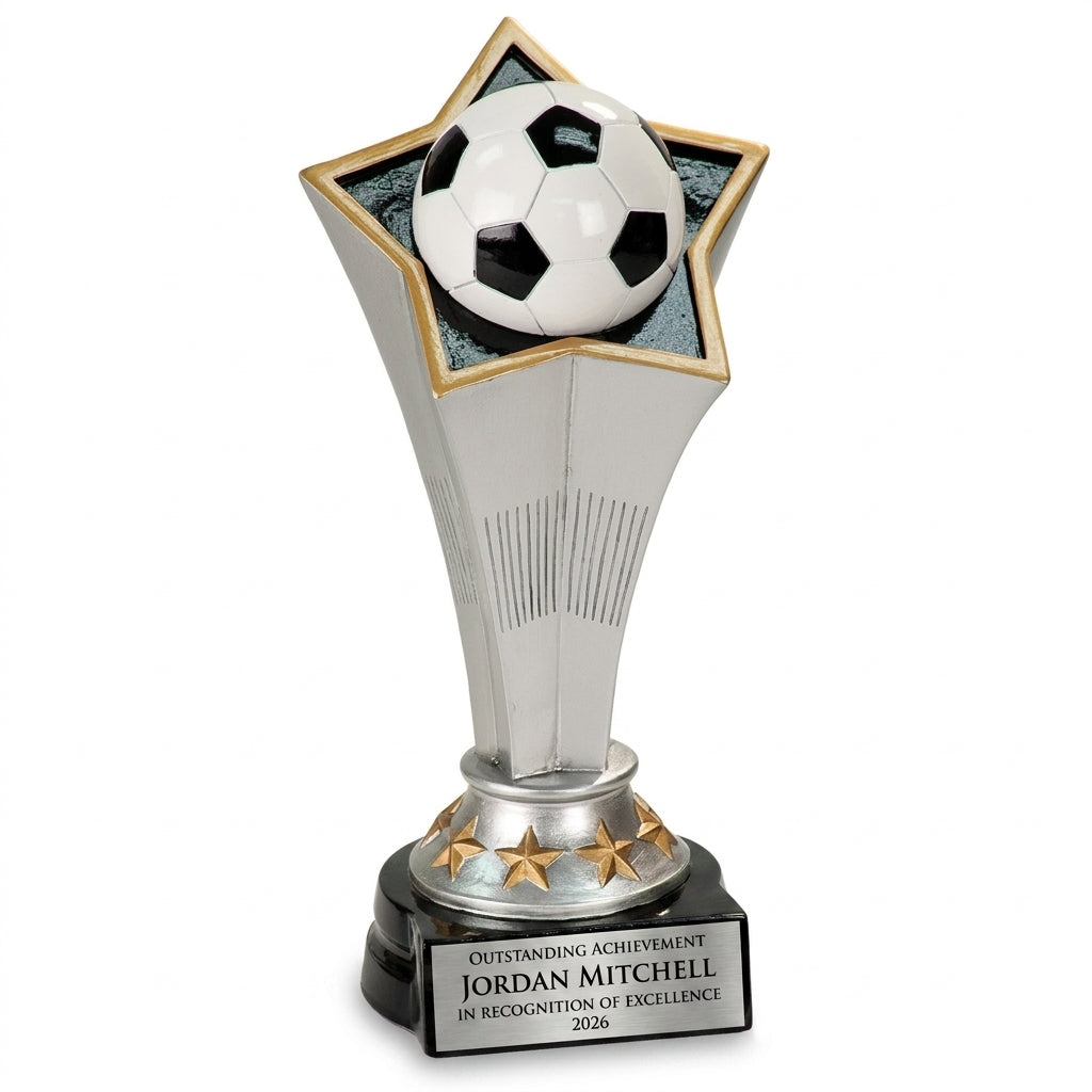 Personalized Soccer Rising Star Resin Award resin award, custom laser engraved recognition award on a clean white studio background