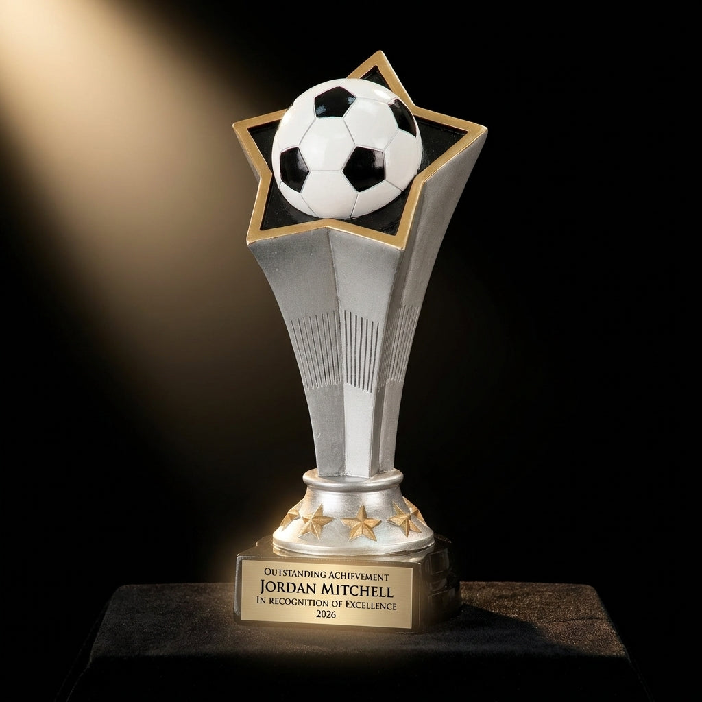 Personalized Soccer Rising Star Resin Award resin award on black velvet under awards-ceremony spotlight, engraved champion and lifetime achievement award