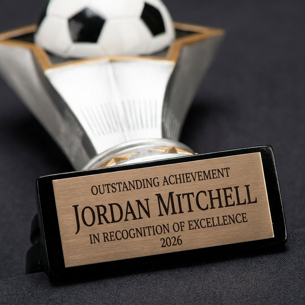 Close-up of the custom laser engraving on a personalized Soccer Rising Star Resin Award resin award, showing crisp permanent personalization