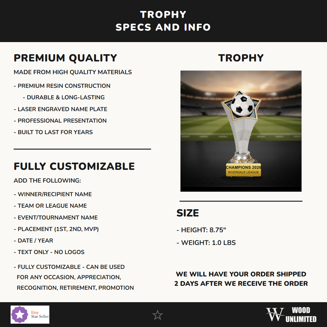 Specifications for the personalized Soccer Rising Star Resin Award resin award — materials, engraving, and features