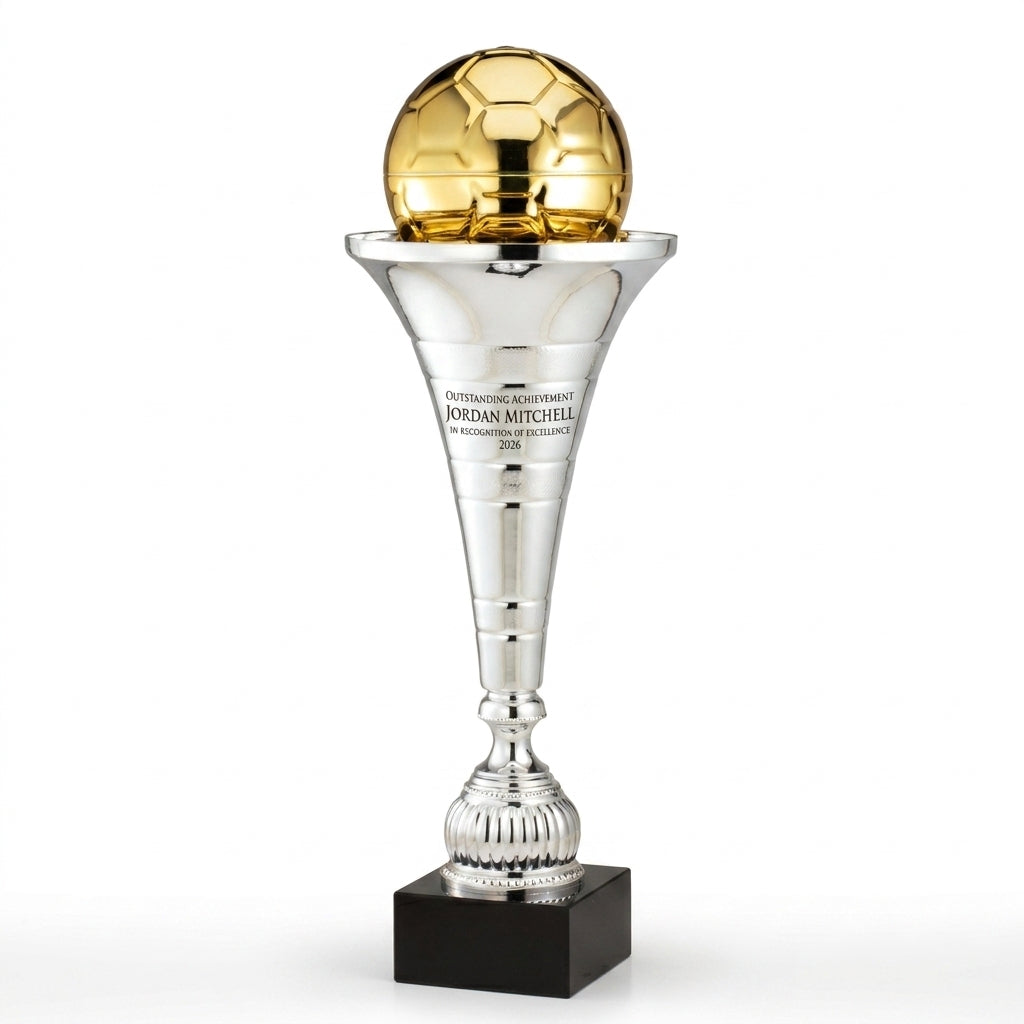 Personalized Soccer Trumpet Cup cup trophy, custom laser engraved recognition award on a clean white studio background