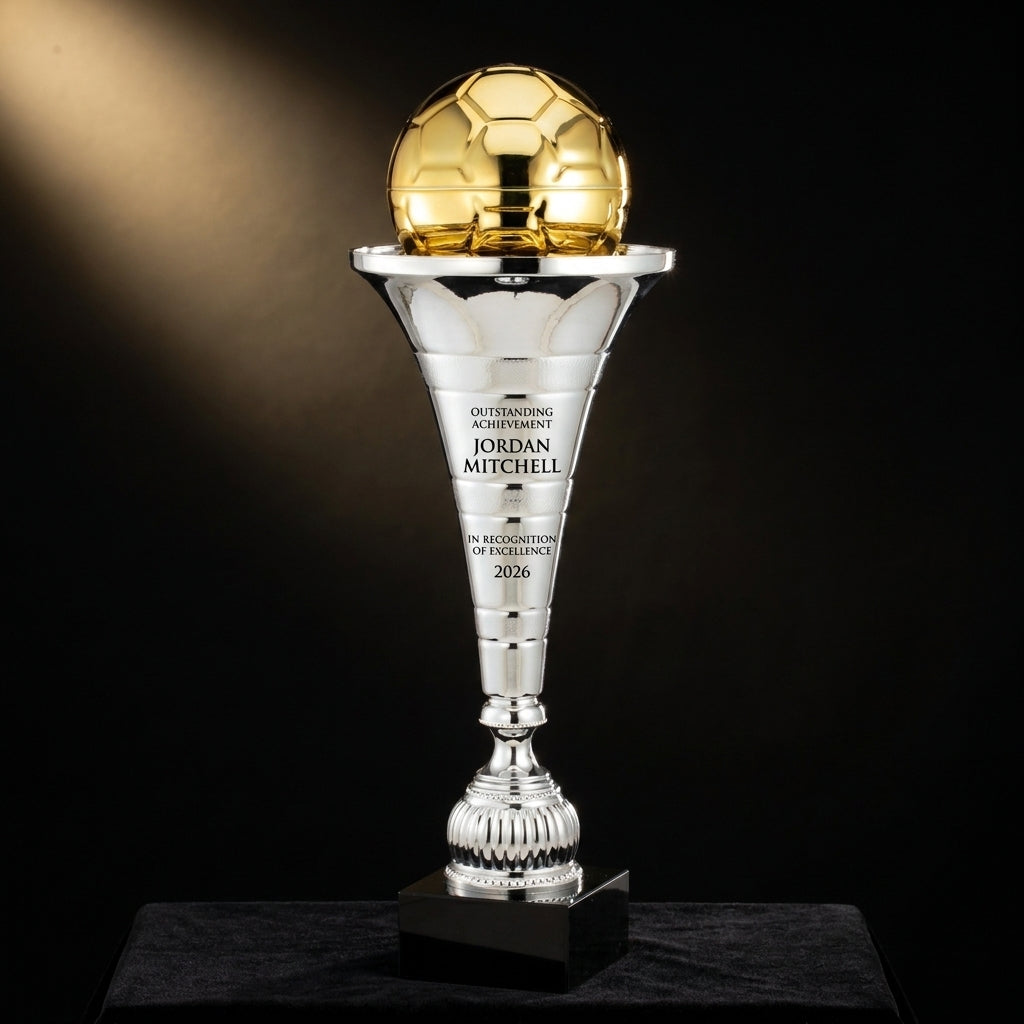 Personalized Soccer Trumpet Cup cup trophy on black velvet under awards-ceremony spotlight, engraved champion and lifetime achievement award