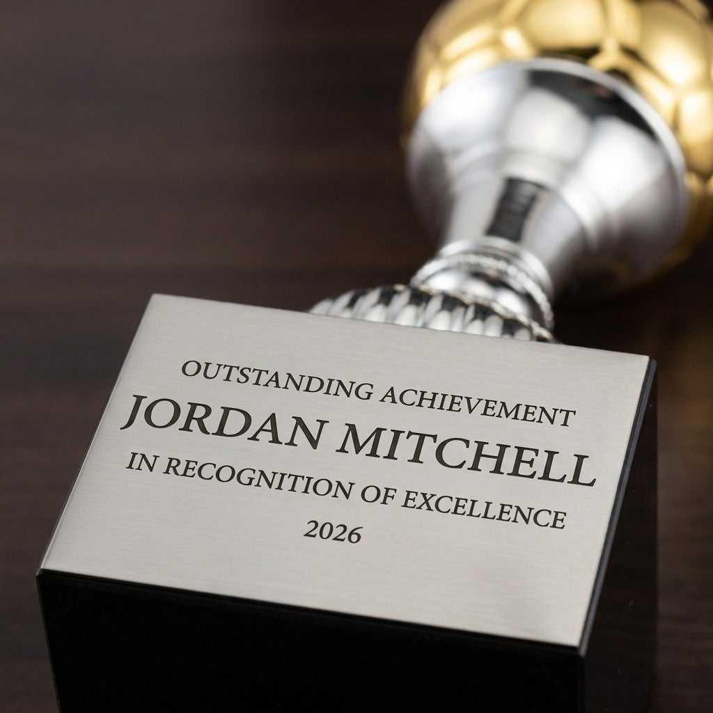 Close-up of the custom laser engraving on a personalized Soccer Trumpet Cup cup trophy, showing crisp permanent personalization