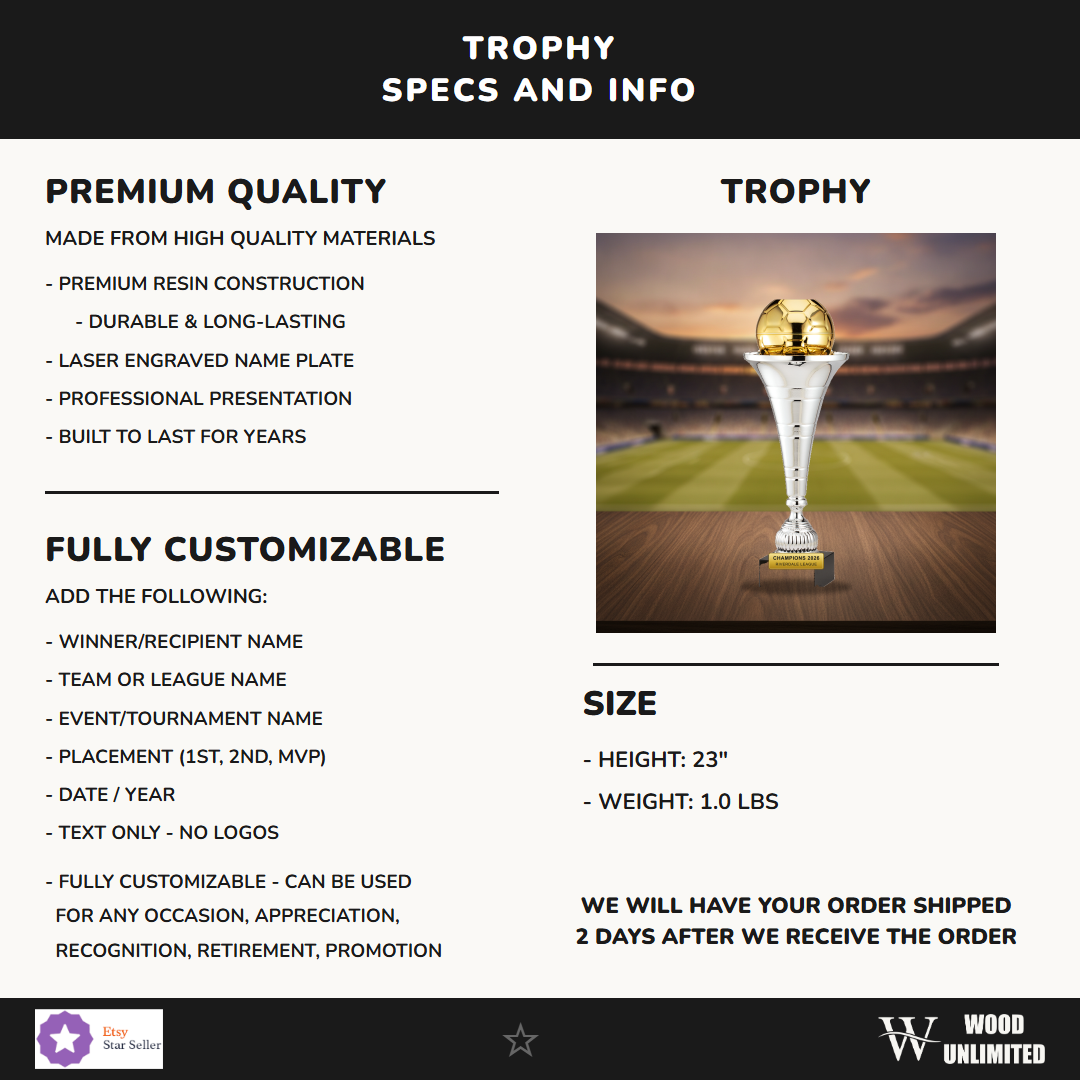 Specifications for the personalized Soccer Trumpet Cup cup trophy — materials, engraving, and features