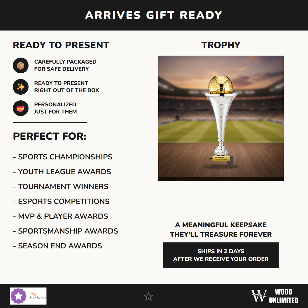 Gift-ready personalized Soccer Trumpet Cup cup trophy, perfect for ceremonies, retirements, and corporate recognition