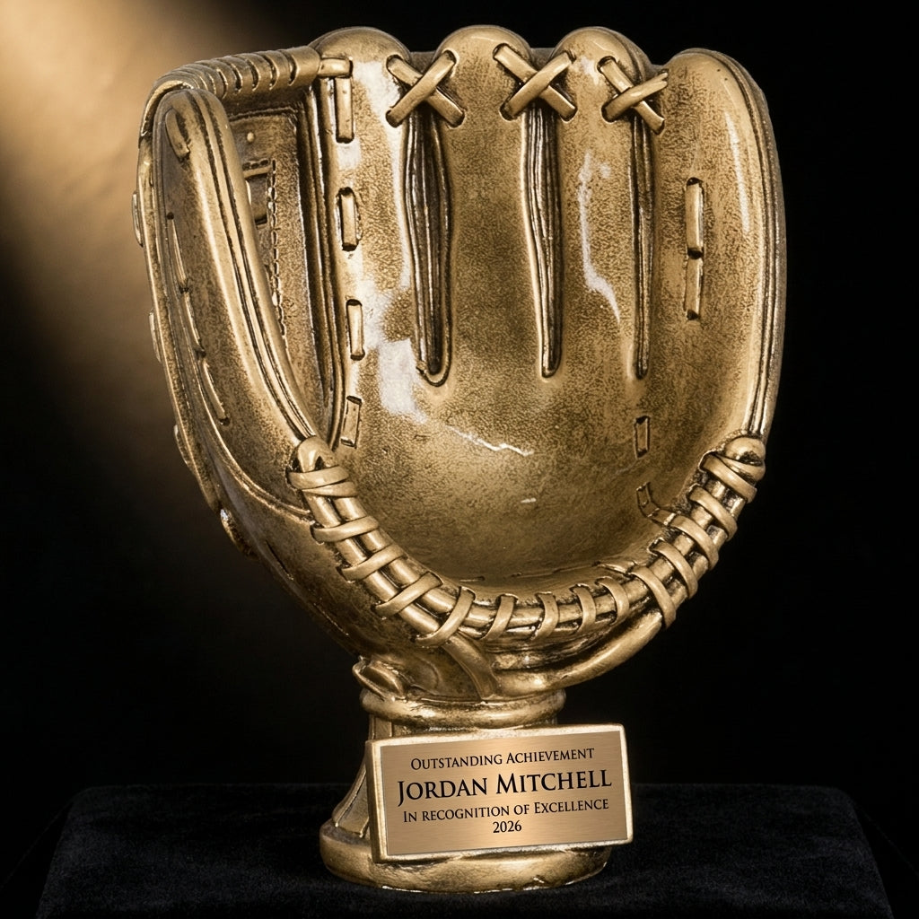 Personalized Softball Antique Metallic Resin Award resin award on black velvet under awards-ceremony spotlight, engraved champion and lifetime achievement award