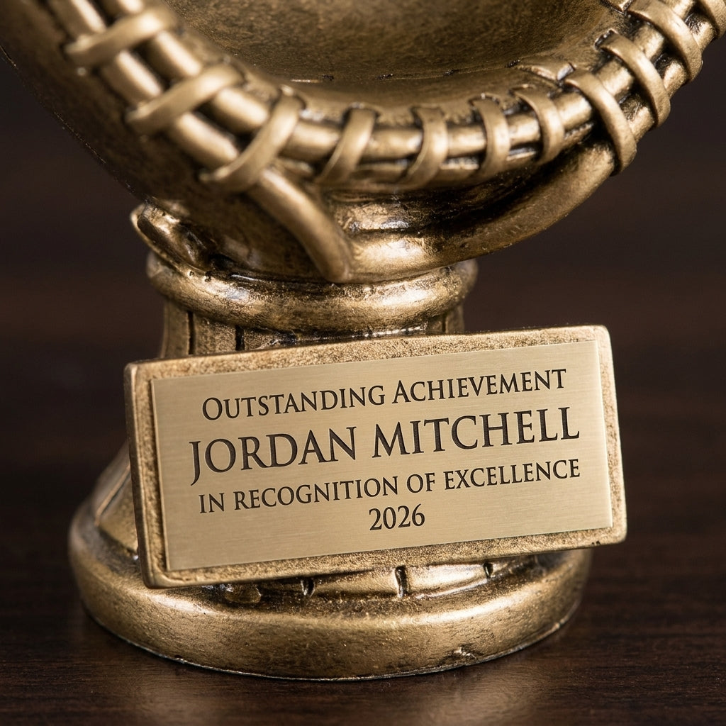 Close-up of the custom laser engraving on a personalized Softball Antique Metallic Resin Award resin award, showing crisp permanent personalization