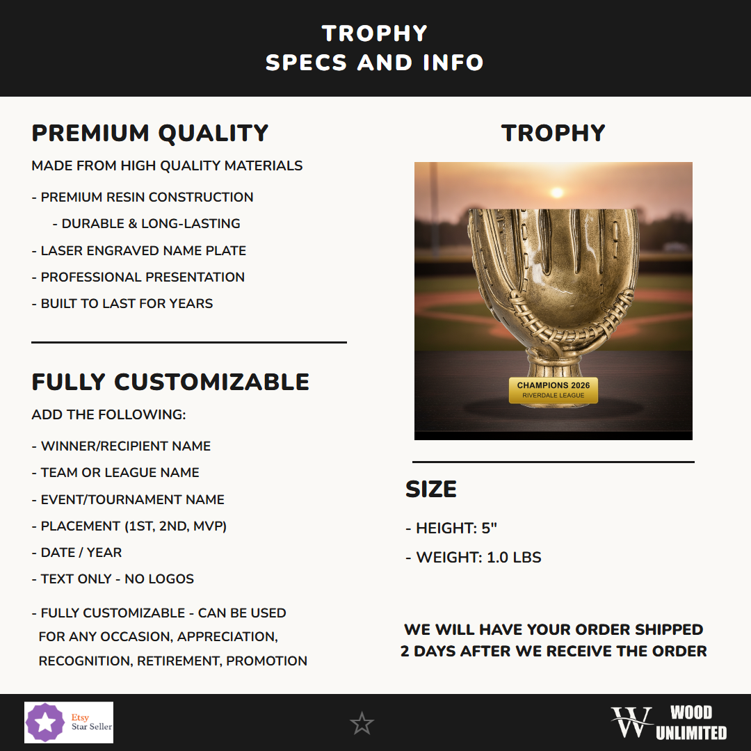 Specifications for the personalized Softball Antique Metallic Resin Award resin award — materials, engraving, and features
